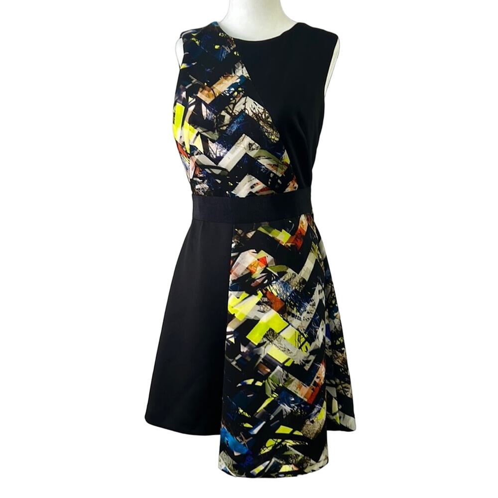 Milly Black Asymmetrical Mixed-Print Dress with Neon Accents